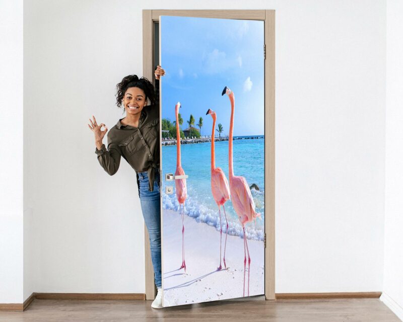 3 Flamingos Door Sticker