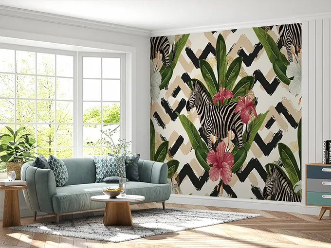 Zebra And Flowers Wall Mural Wallpaper