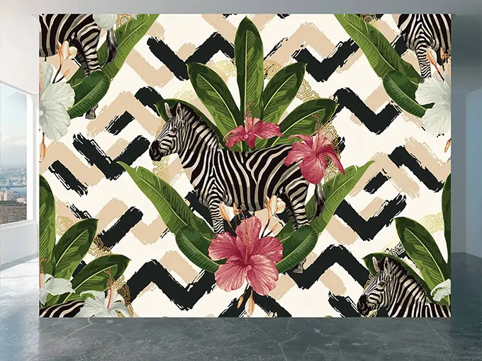 Zebra And Flowers Wall Mural Wallpaper