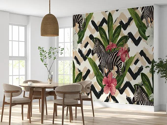 Zebra And Flowers Wall Mural Wallpaper