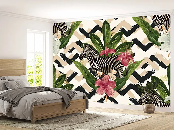 Zebra And Flowers Wall Mural Wallpaper
