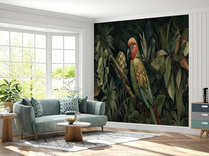 Jungle And Parrot Wall Mural Wallpaper