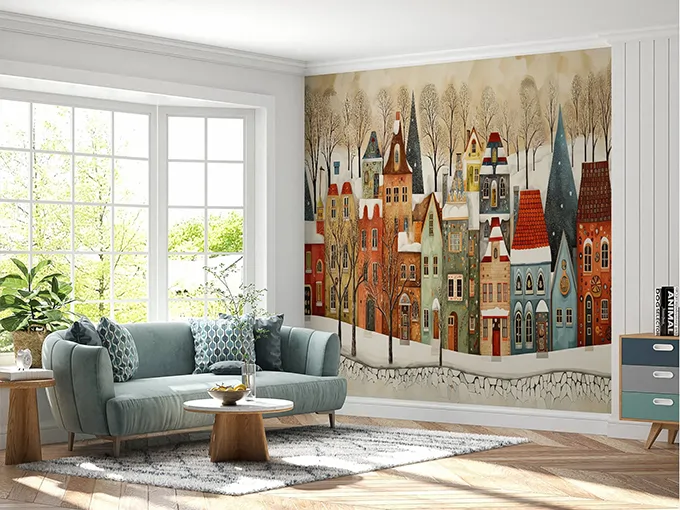 Winter Vintage Town Wall Mural Wallpaper