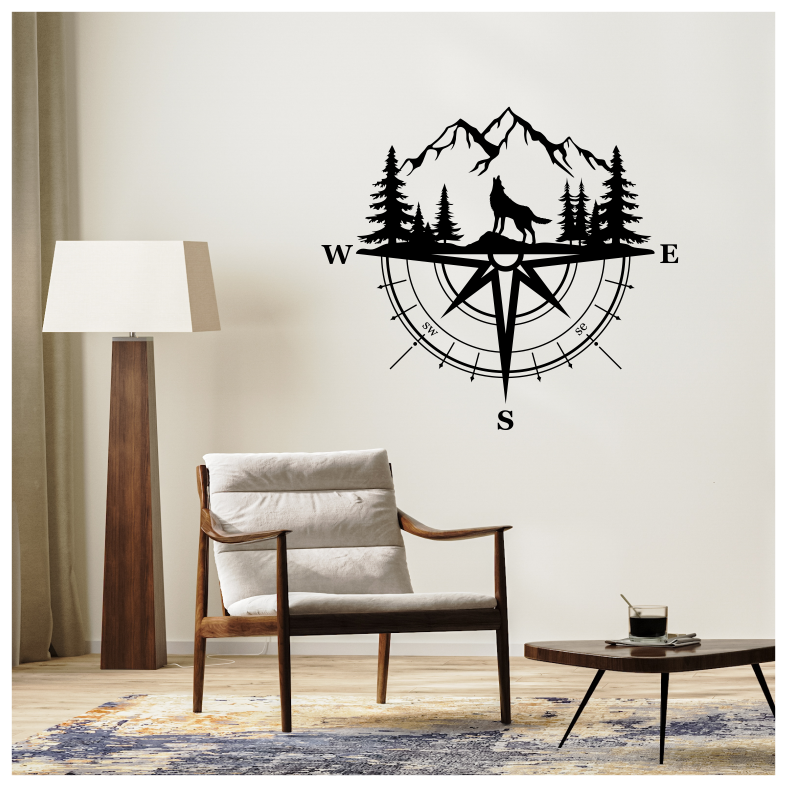 Wolf Mountain Compass Wall Sticker